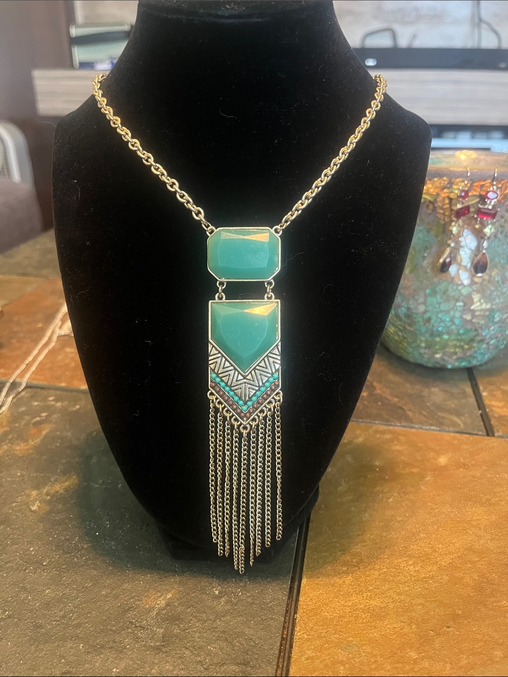 Gold Chain Necklace with Turquoise Geometric Pendant & Matching Earrings